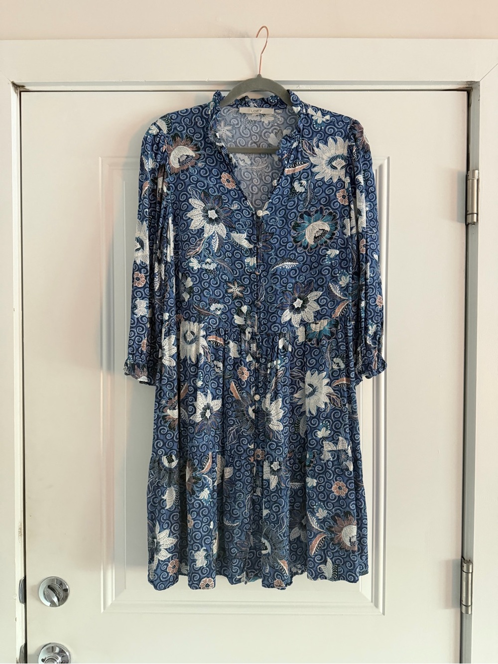 Loft Floral Blue Button-Front Tiered Women's Dress